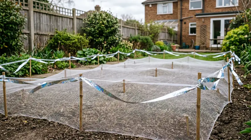A UK back lawn with newly sown grass seed protected by fine mesh netting stretched over short bamboo canes with shimmer tape