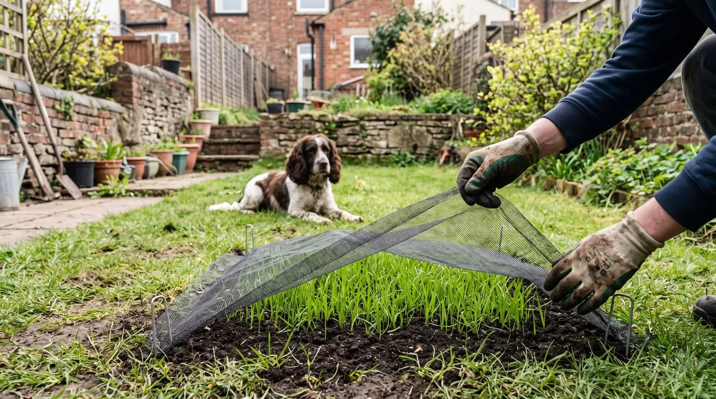 Gloved hands lifting netting off young grass seedlings a few centimetres tall
