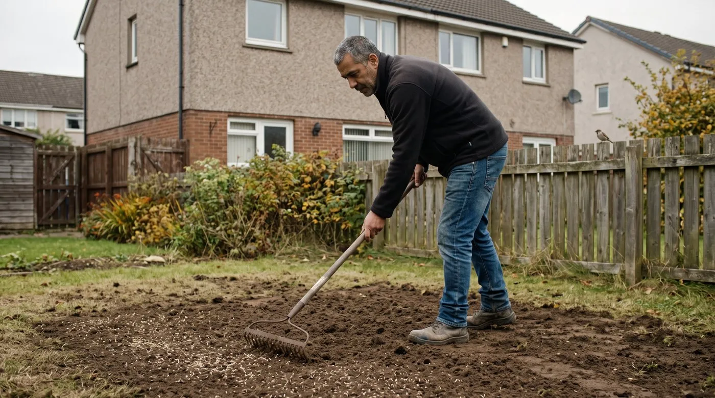 Man lightly raking grass seed into fine soil on a bare lawn patch while a sparrow watches