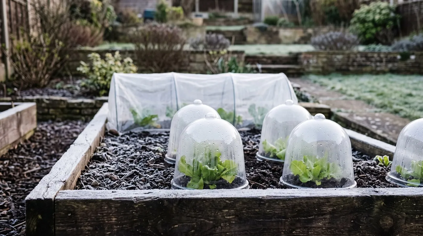 Clear bell cloches sheltering young lettuces from frost in a raised bed in a terraced garden