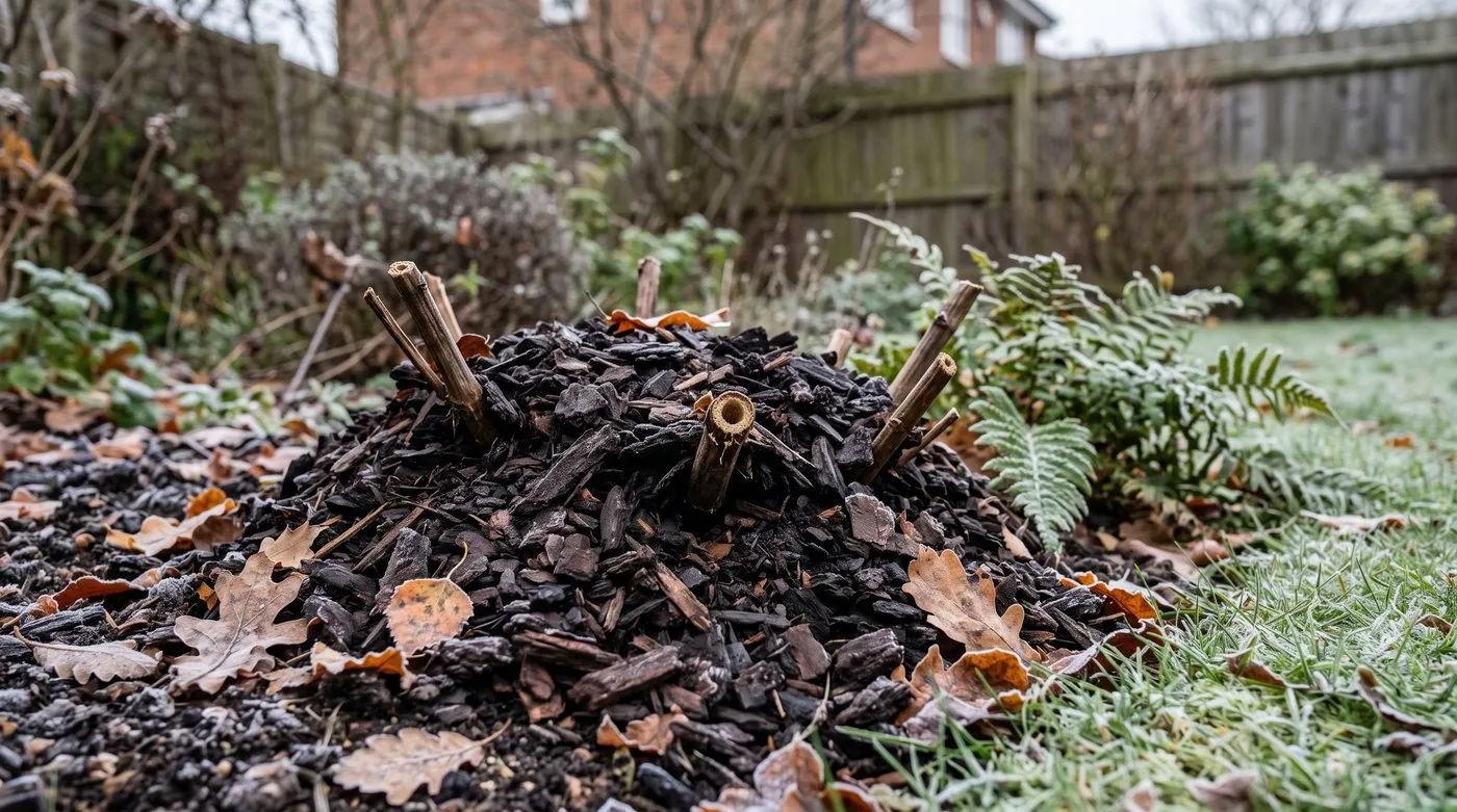 A thick mound of bark mulch over a dahlia crown in a border to protect it from winter frost