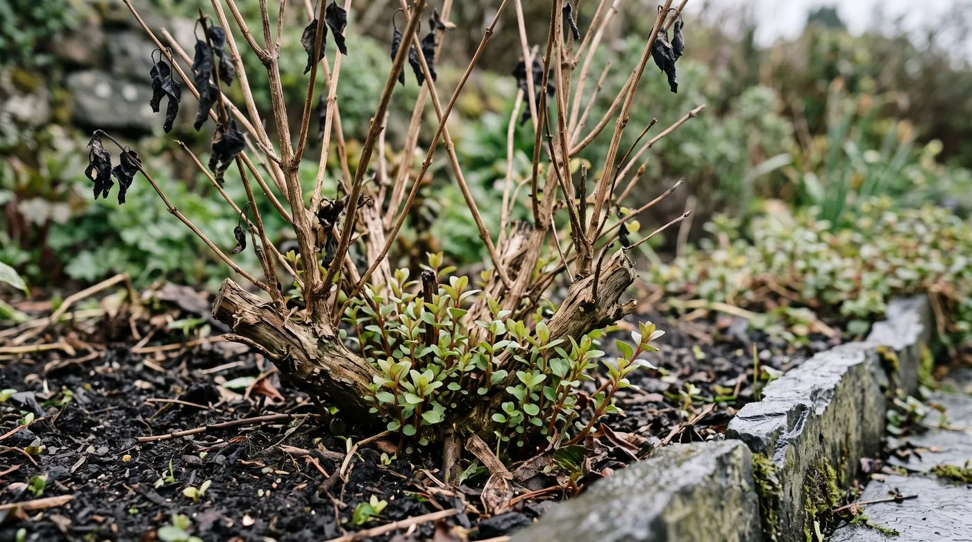 Frost-damaged fuchsia with dead brown stems and fresh green shoots growing from the base in spring