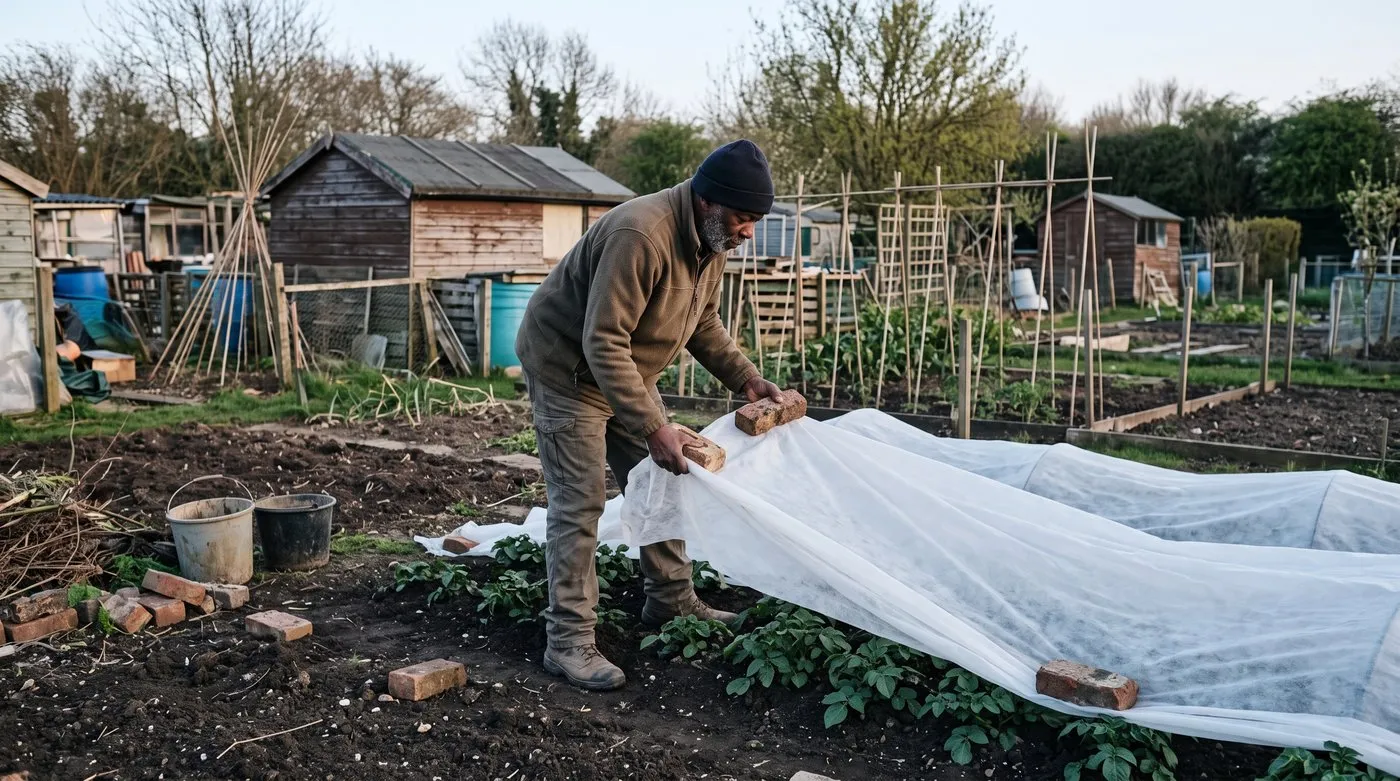 An older allotment gardener draping fleece over potato shoots to protect plants from frost