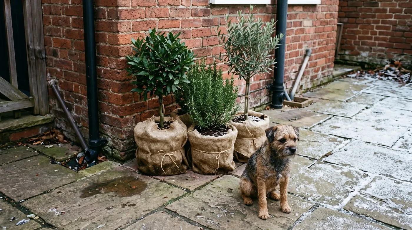 Potted bay, rosemary and olive grouped against a sunny brick wall with pots wrapped in hessian
