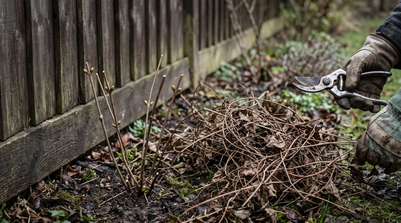 Group 3 clematis cut back hard to 30cm above pairs of buds at the base of a fence in February