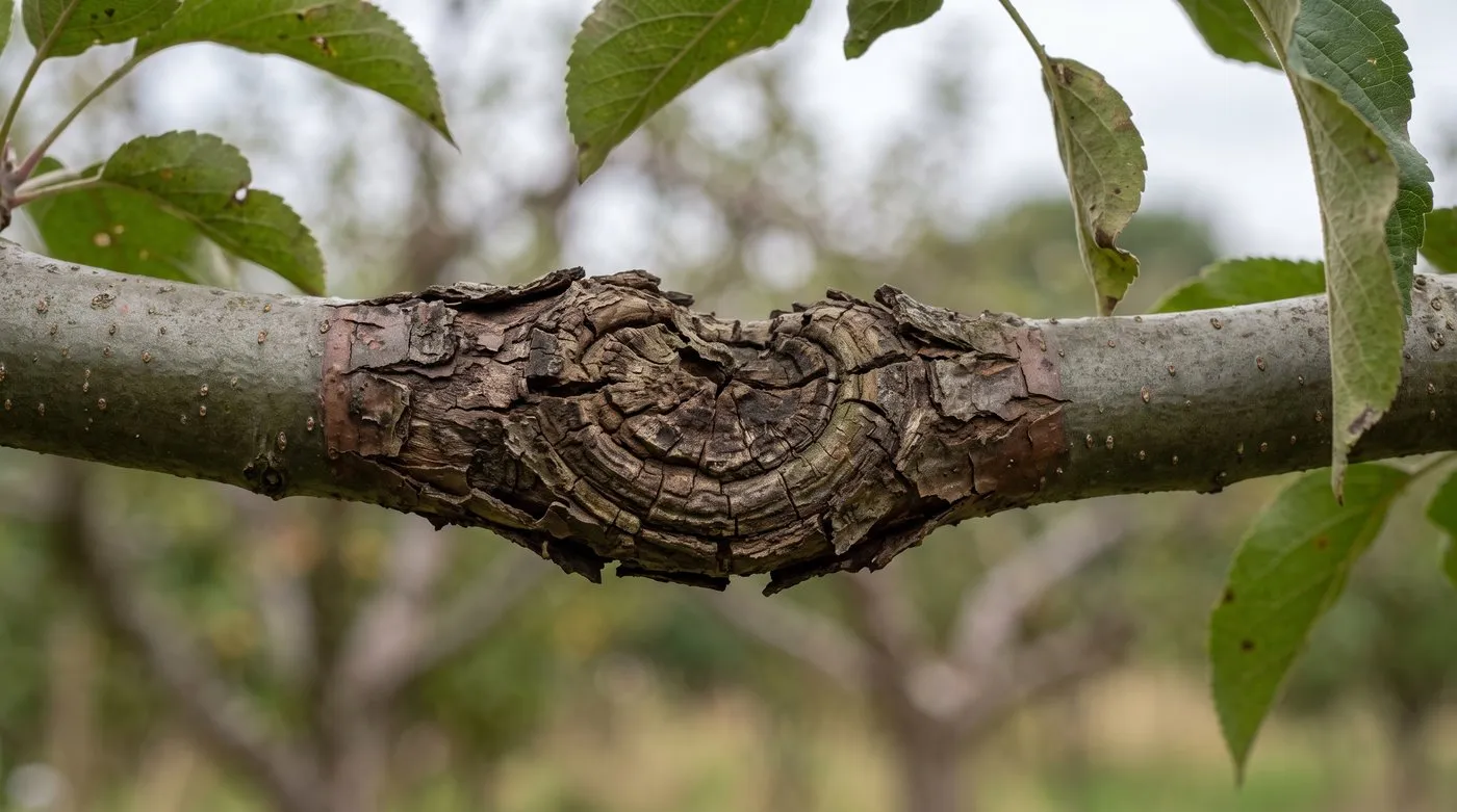 Close-up of apple canker on a branch, with sunken, cracked bark forming rings round the wound