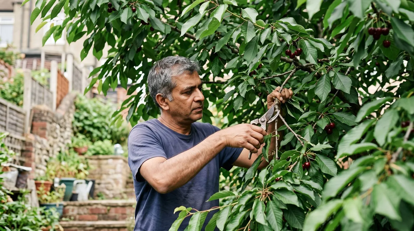 A man summer pruning a cherry tree in July, removing a crossing branch from the middle