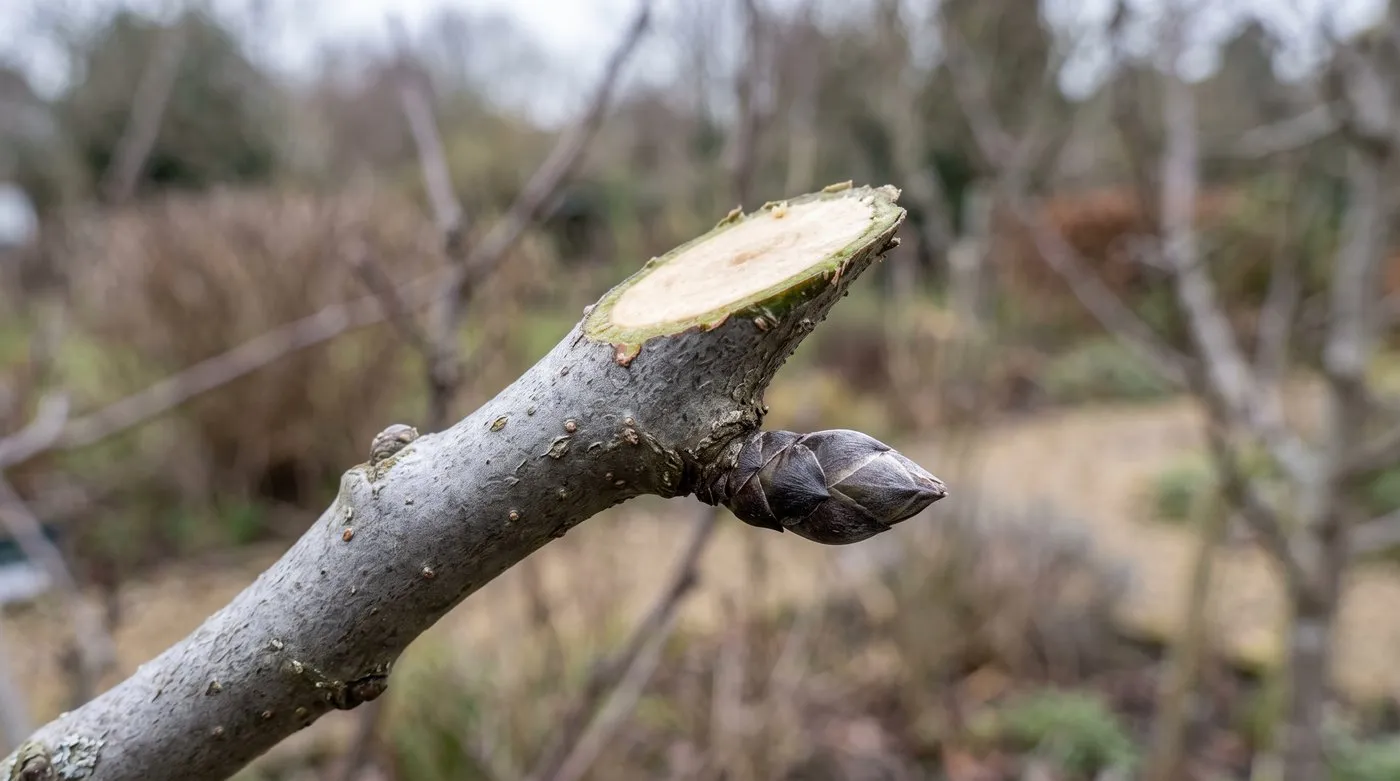 A clean, sloping pruning cut on a fruit tree branch, about 5mm above an outward-facing bud