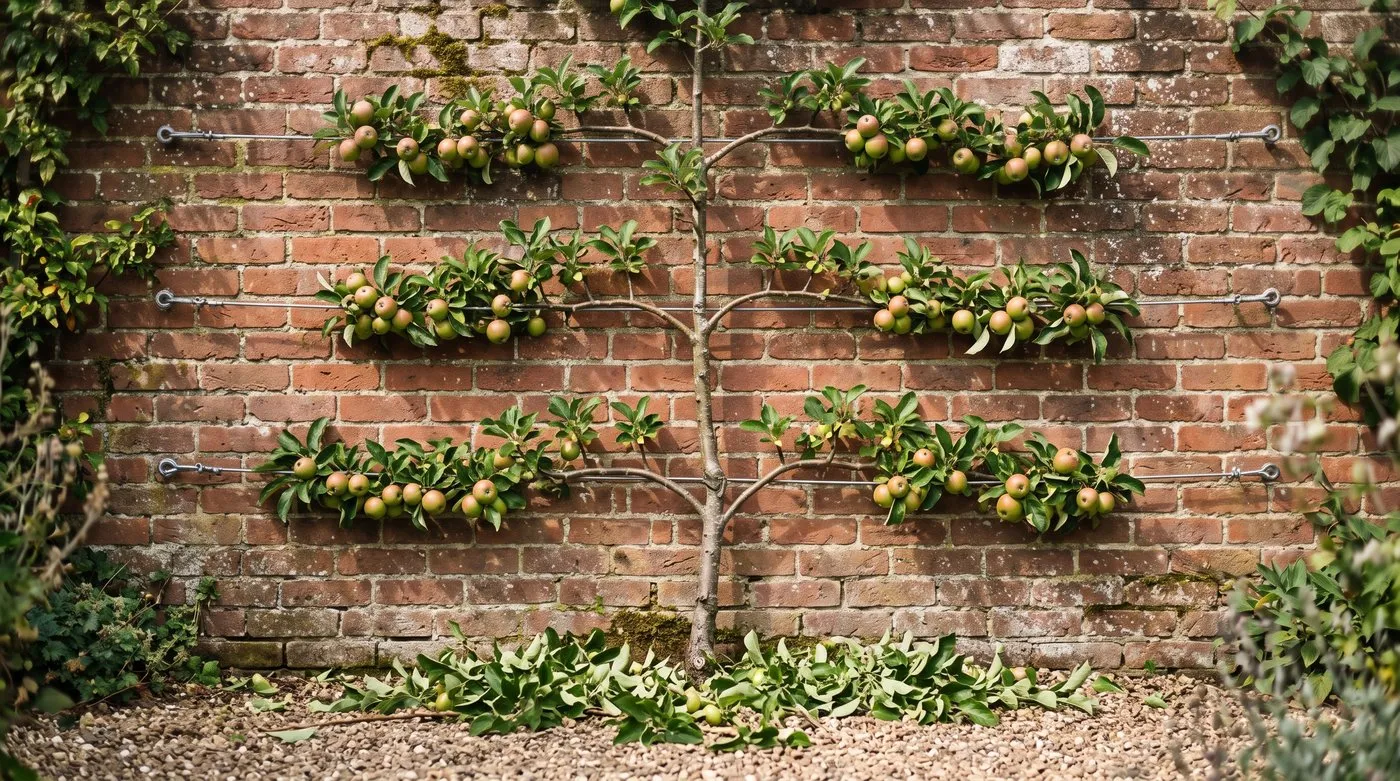 An espalier apple on horizontal wires after its summer prune, side shoots cut back to three leaves