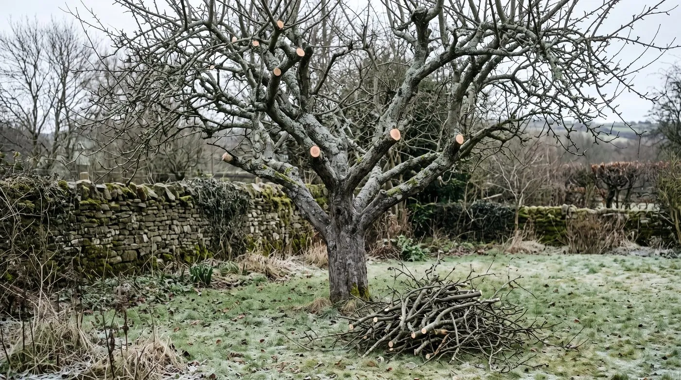 An old lichen-covered apple tree partly renovated, with crossing branches removed to open the middle