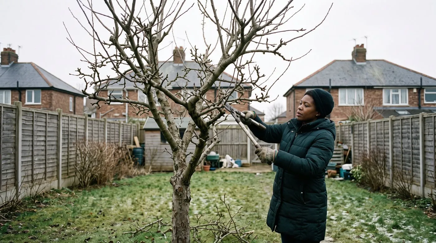 A gardener using loppers to prune a dormant apple tree in a suburban back garden in winter