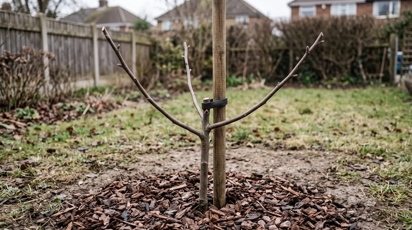 A young apple tree with three well-spaced branches pruned to form an open goblet framework