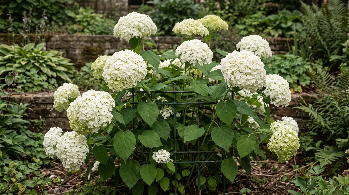 Annabelle hydrangea with big white flower heads on strong stems held up by a grow-through support