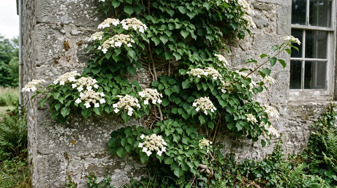 A climbing hydrangea with flat white flower heads clinging to a shaded stone wall in early summer