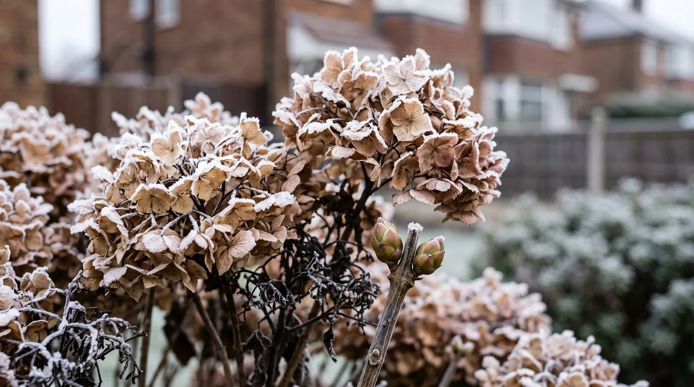 Frosted old flower heads left on a mophead hydrangea in winter, sheltering the buds below