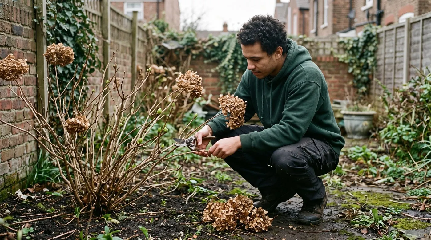 A young man pruning a mophead hydrangea, cutting an old flower head to just above a pair of fat buds
