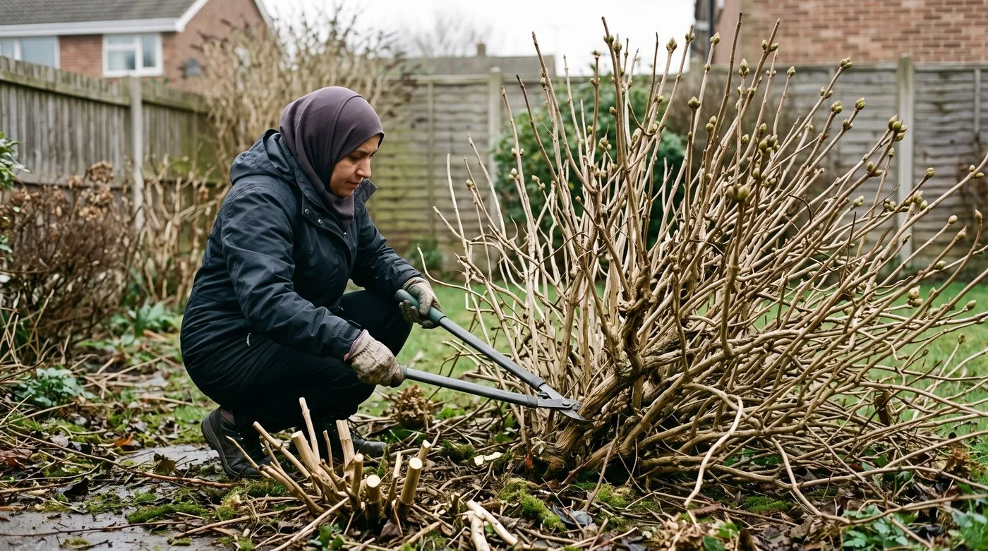 A woman in a hijab cutting old stems from an overgrown mophead hydrangea with loppers in March