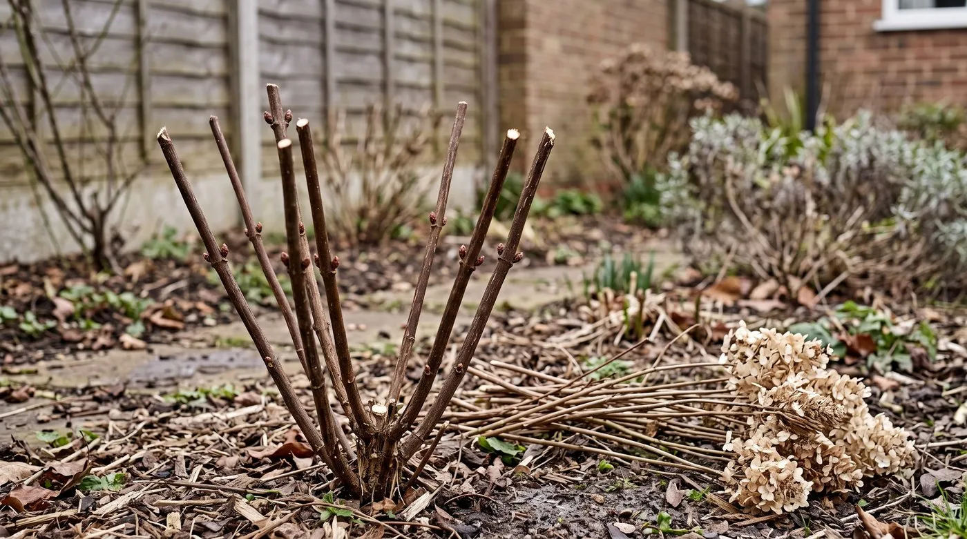 A paniculata hydrangea cut back hard to a short framework of strong stems in early March