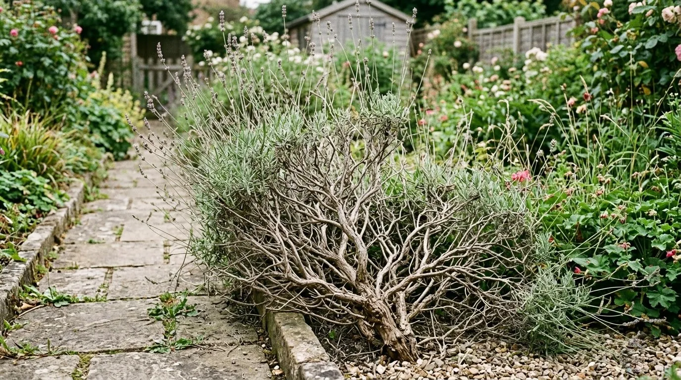 An old leggy lavender plant with bare woody stems and sparse green growth at the top