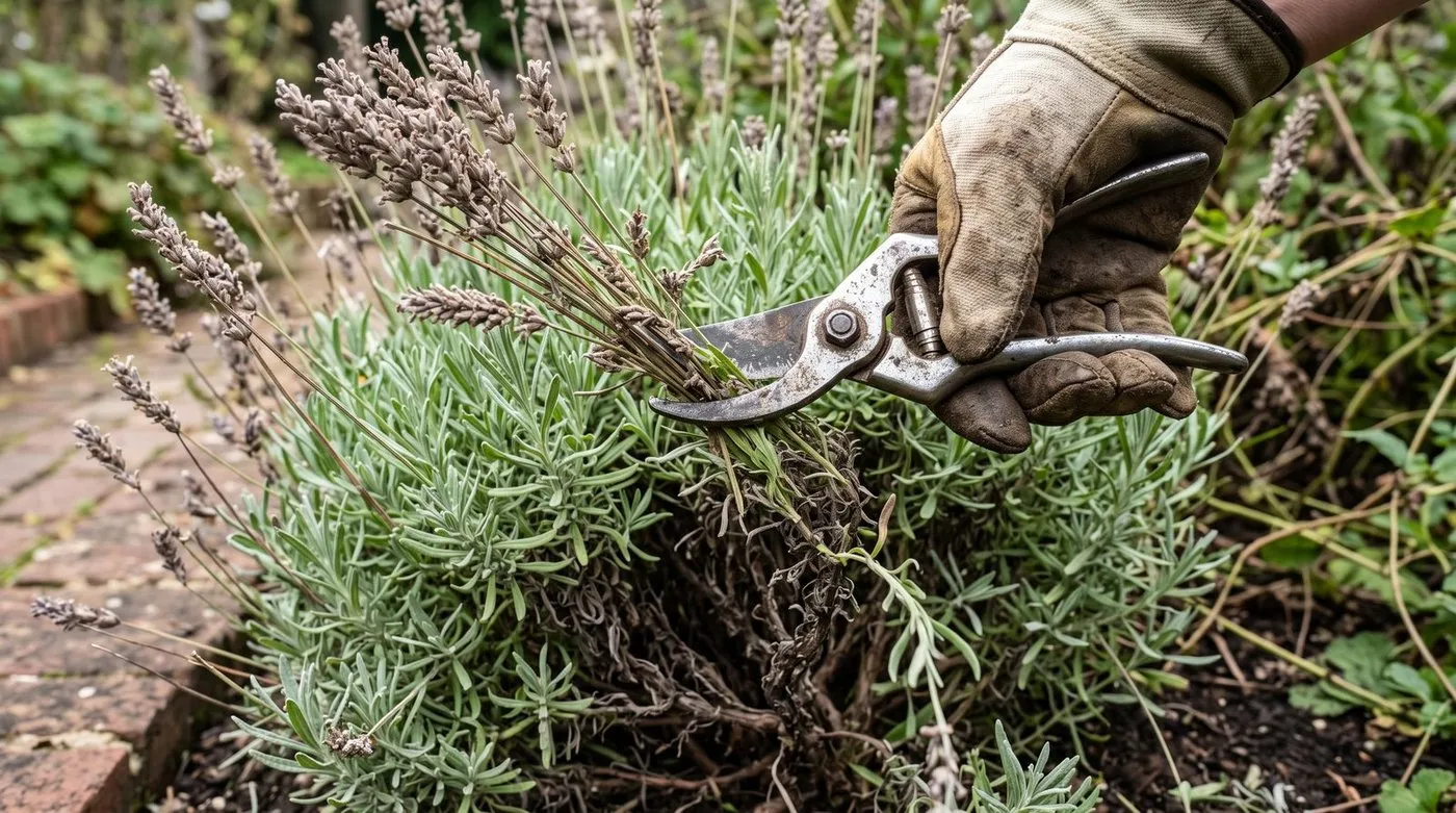 Trimming lavender in late summer, cutting off about a third while staying above the woody base