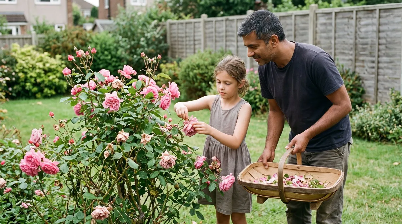 A girl and her father deadheading a floribunda rose in a back garden in summer