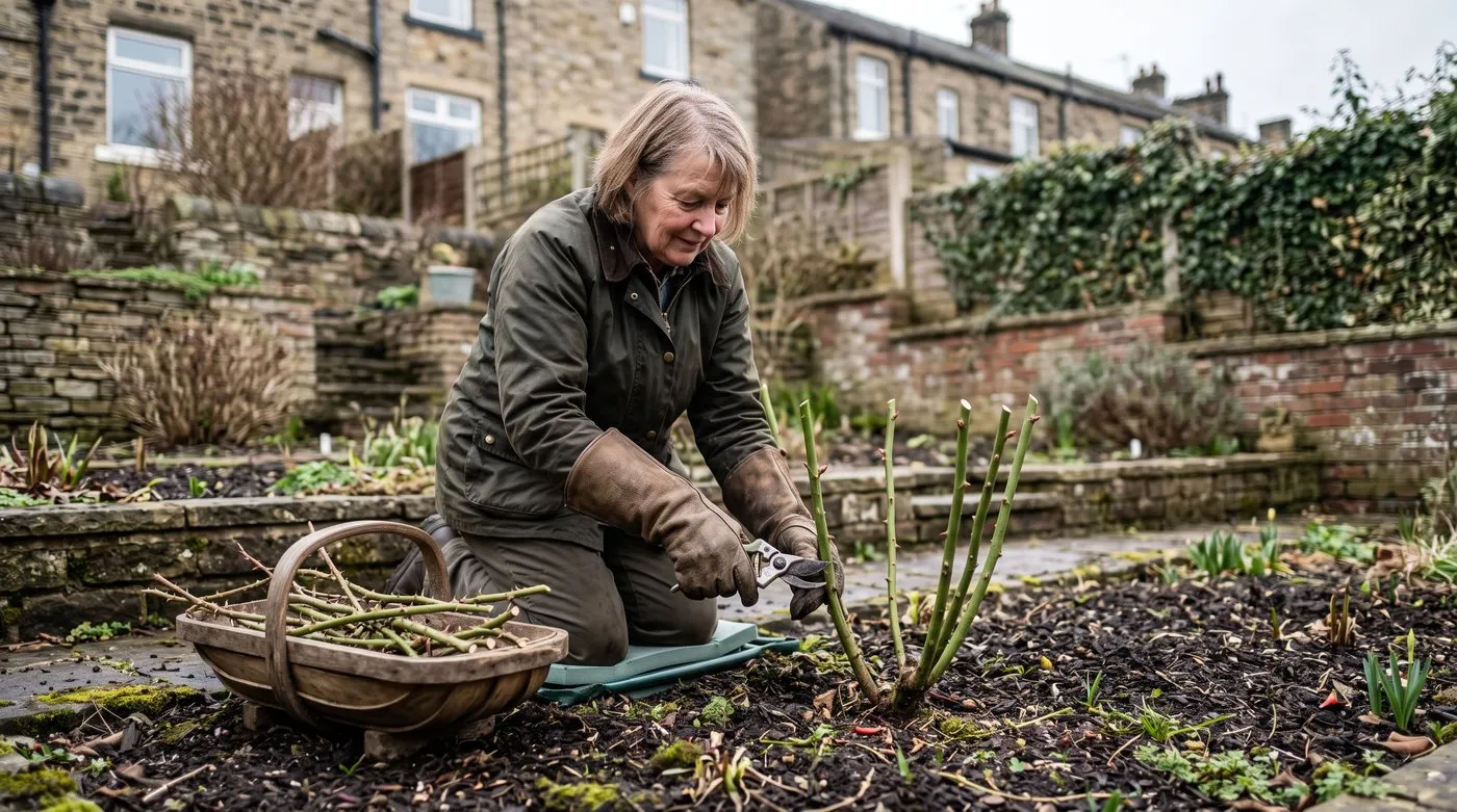 An older woman in gauntlets pruning a hybrid tea rose to short stems in an open goblet shape