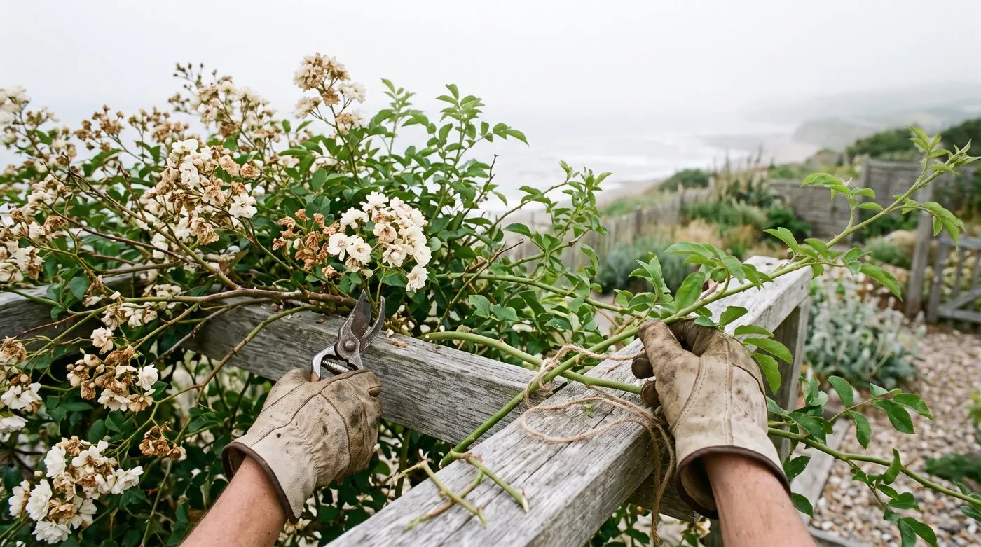 A rambler rose on a pergola after flowering, with old flowered stems removed and new stems tied in