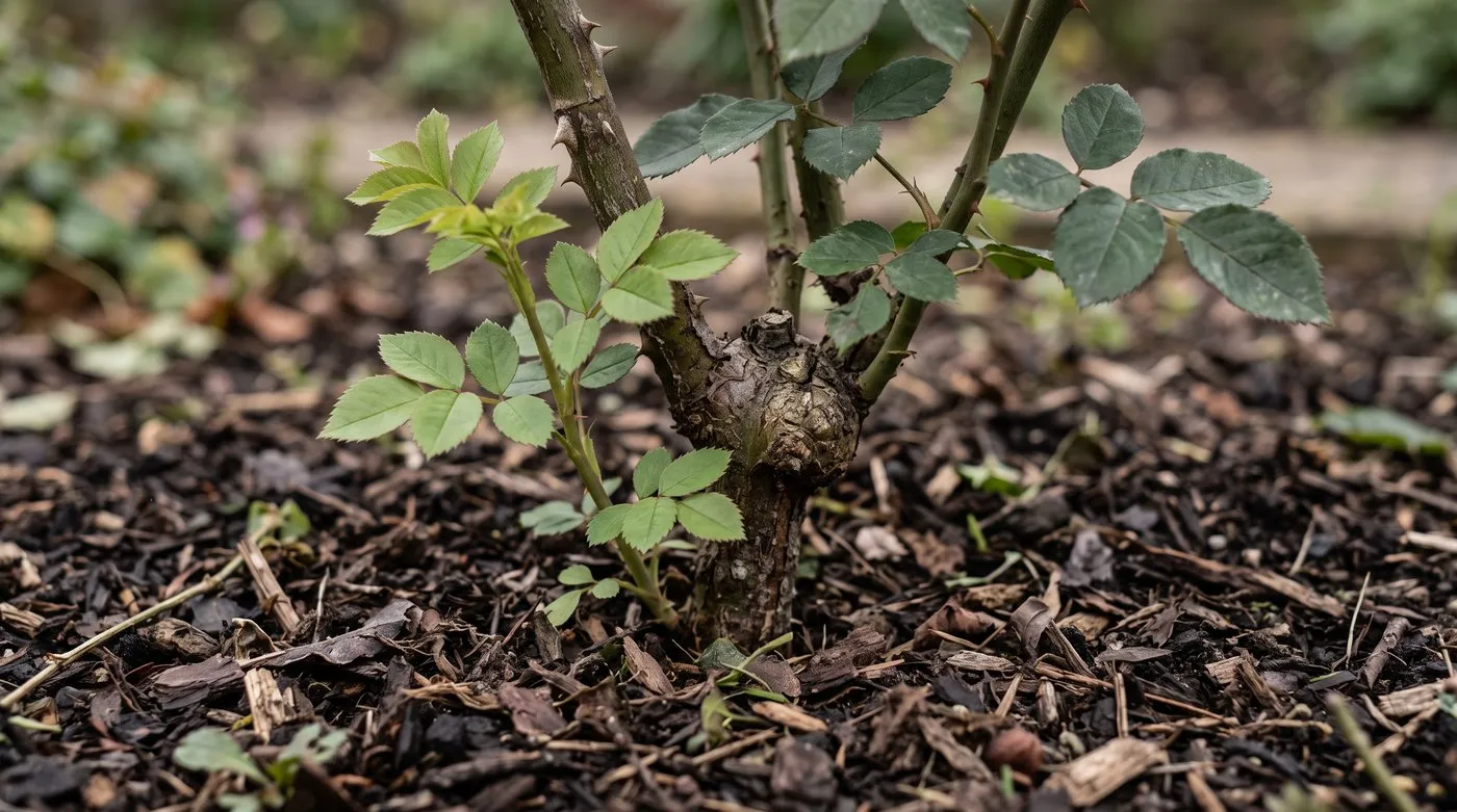 A rose sucker with seven light green leaflets growing from below the graft at the base of a bush rose