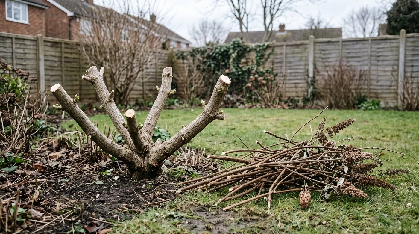 A buddleja cut back hard to a low framework of stubby stems in early March