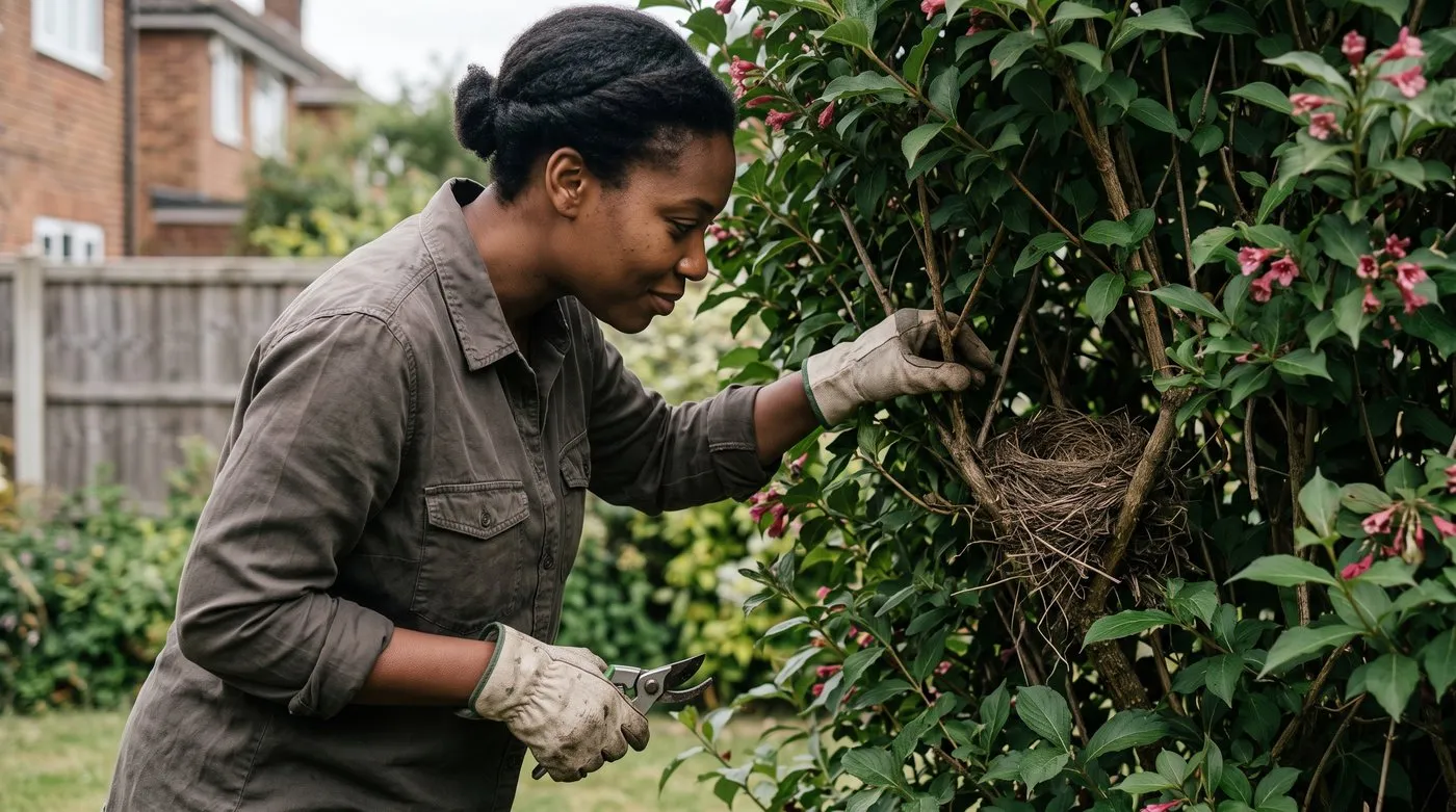 A woman gently parting shrub stems to check for a bird's nest before pruning in June