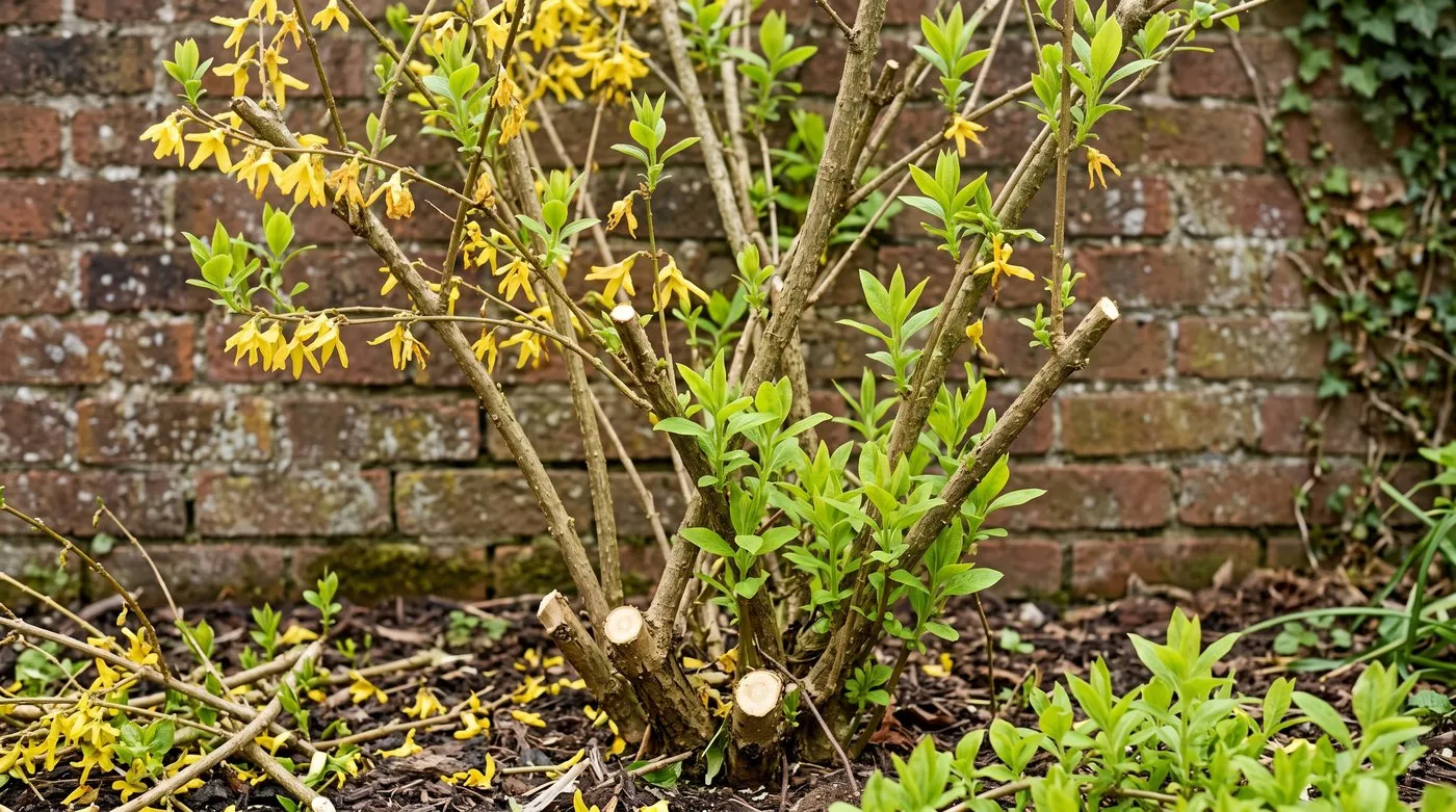 A forsythia pruned straight after flowering, with flowered stems cut back to strong new shoots
