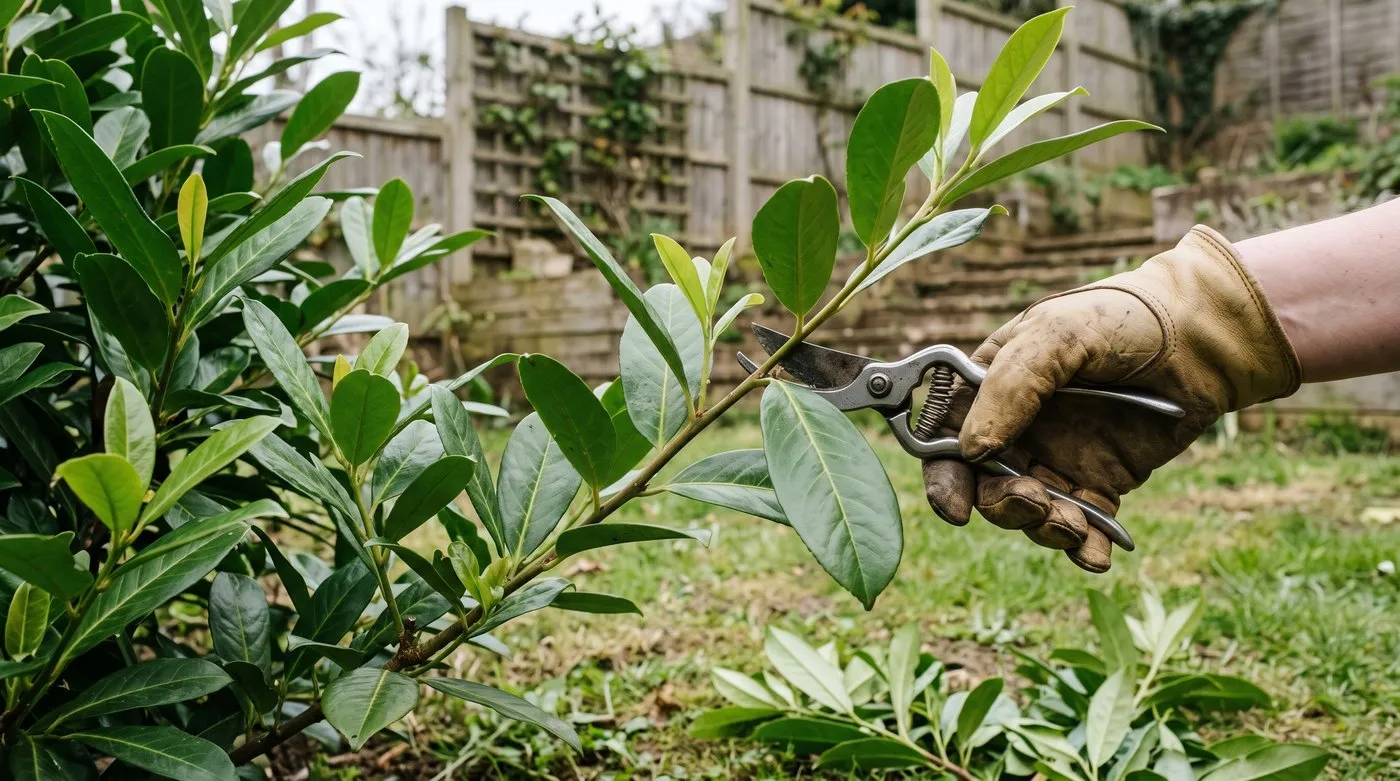 Pruning a cherry laurel with secateurs, cutting each stem just above a whole leaf