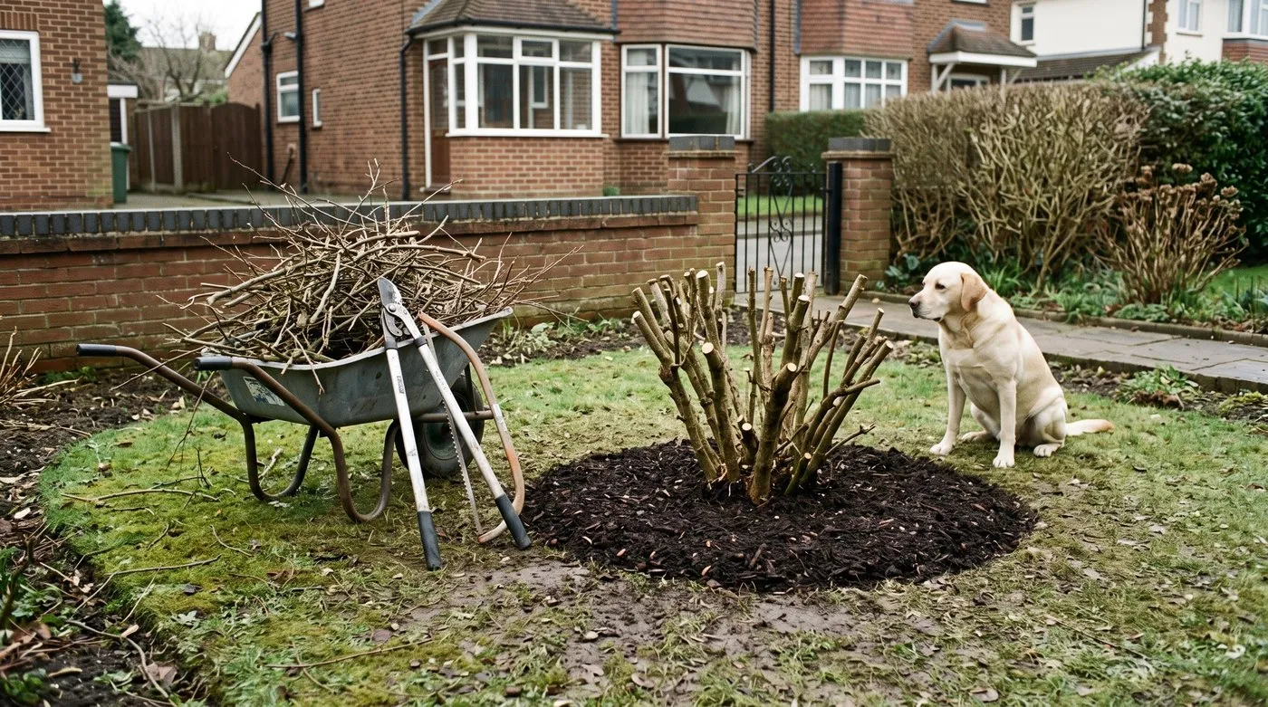 An overgrown shrub cut down to low stumps and mulched for renovation, with a Labrador watching