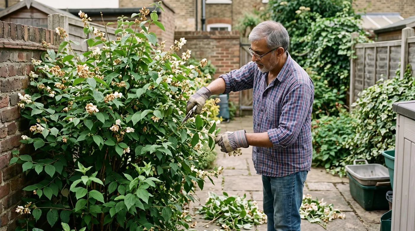 A man pruning a philadelphus after flowering, cutting a faded stem back to a strong side shoot
