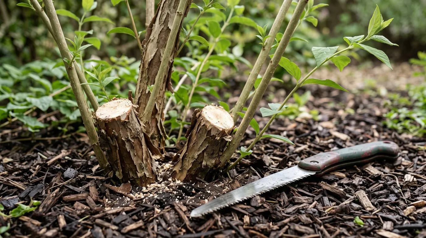 Old shrub stems sawn off at ground level, with younger stems and fresh shoots growing around them