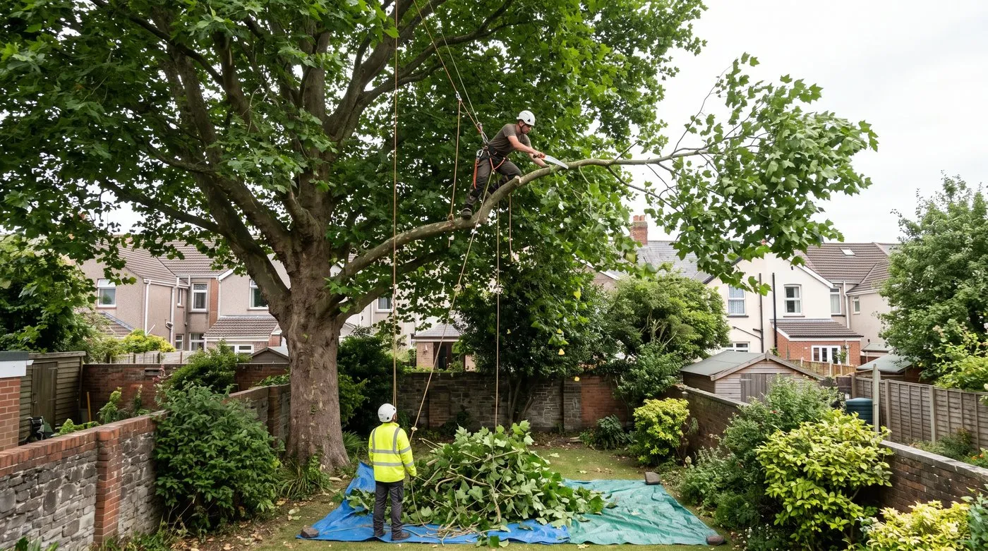 Roped-in tree surgeon cutting an outer branch back to a side branch high in a garden sycamore
