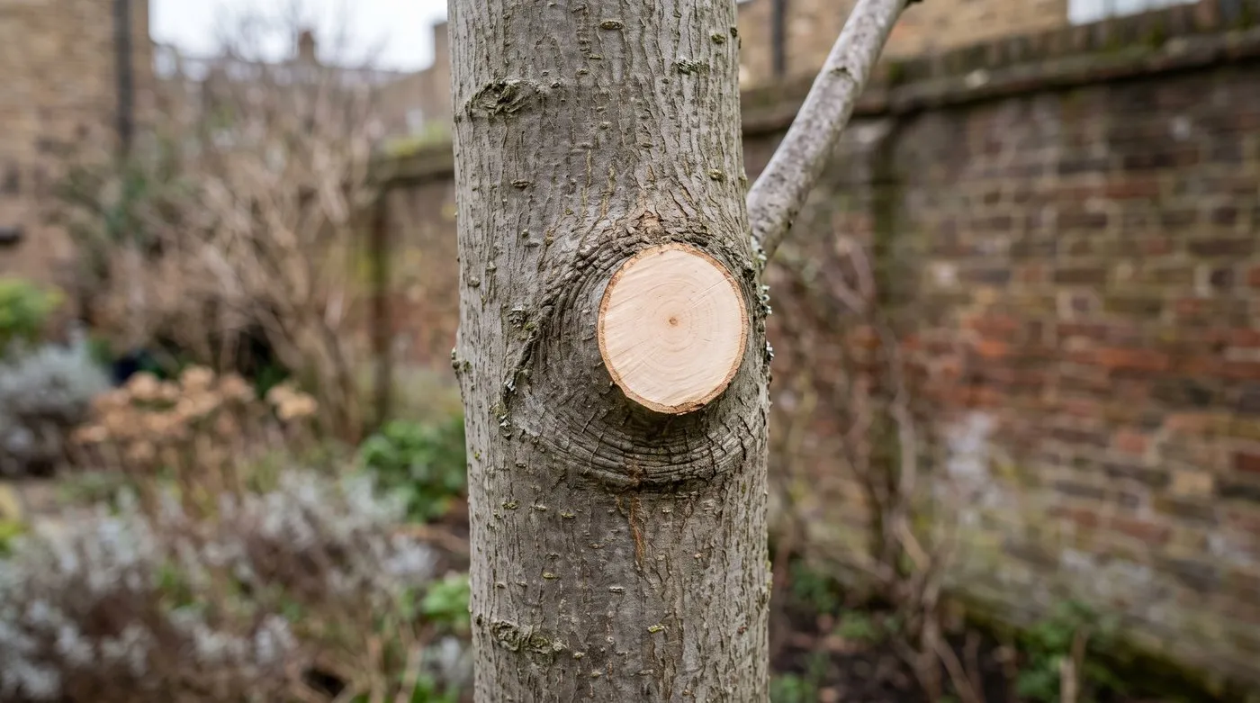 Clean pruning cut on a maple trunk just outside the swollen branch collar, with no stub