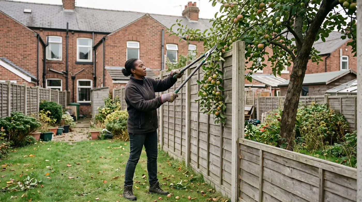 Woman trimming a neighbour's overhanging apple branch back to the fence line with loppers