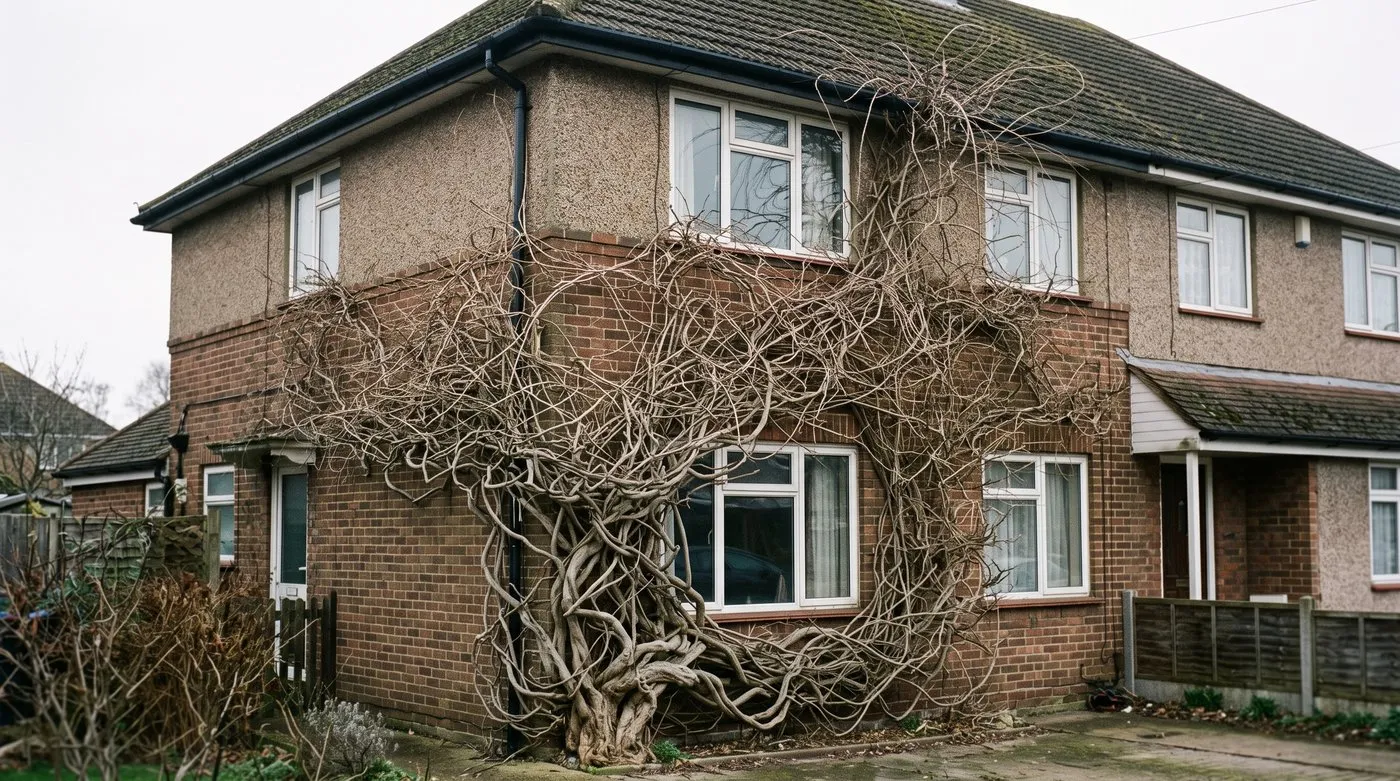 An overgrown wisteria with tangled woody stems growing into a house gutter and round a window