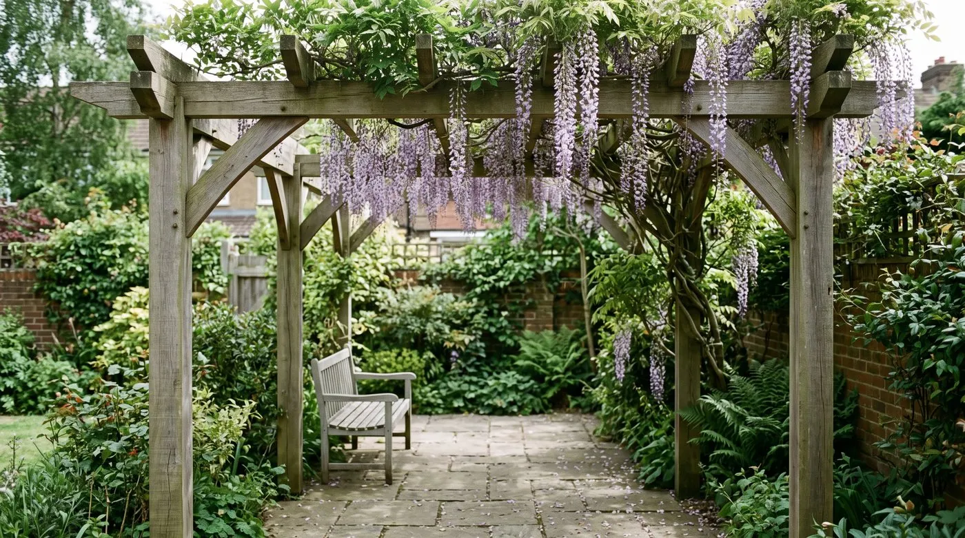 Long violet wisteria flowers hanging through the beams of a sturdy timber pergola over a path