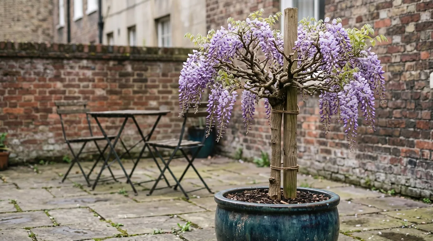 A standard wisteria in a large pot on a courtyard patio, with a rounded head of lilac flowers