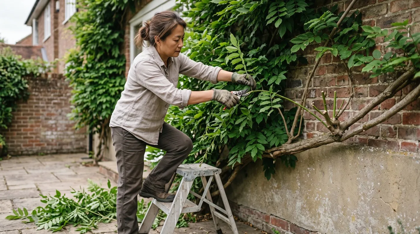 A woman summer pruning wisteria, cutting a long green side shoot to five leaves from the main branch