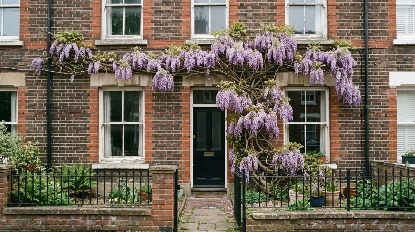 A mature wisteria trained across a terraced house wall, covered in lilac-purple flowers in May