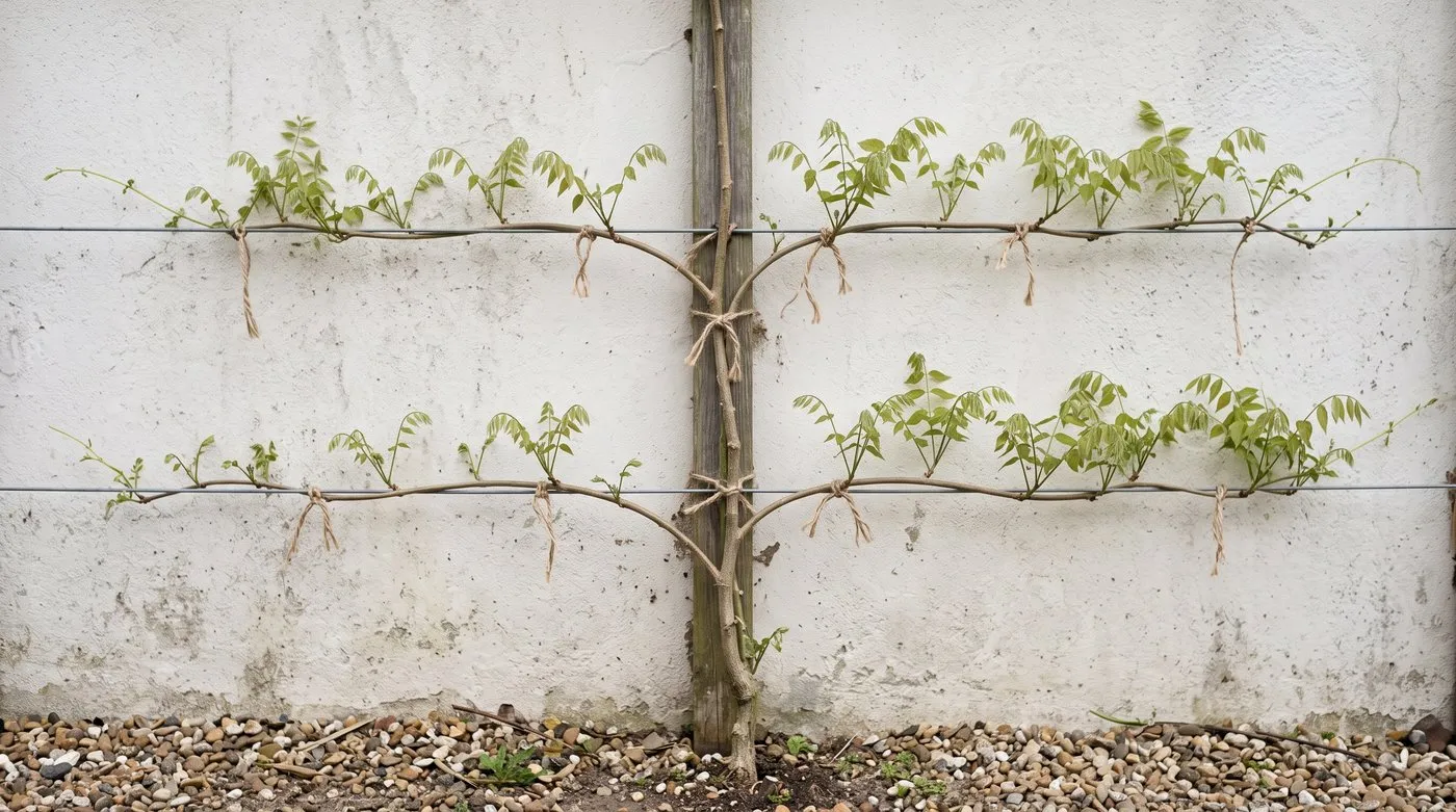 A young wisteria with side branches trained along horizontal wires on a garden wall