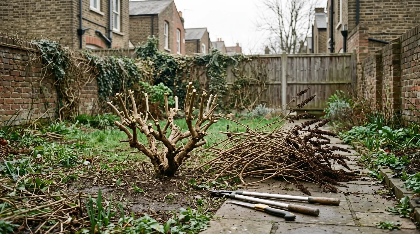 Buddleia hard pruned in early March to a low framework of stems with new buds showing