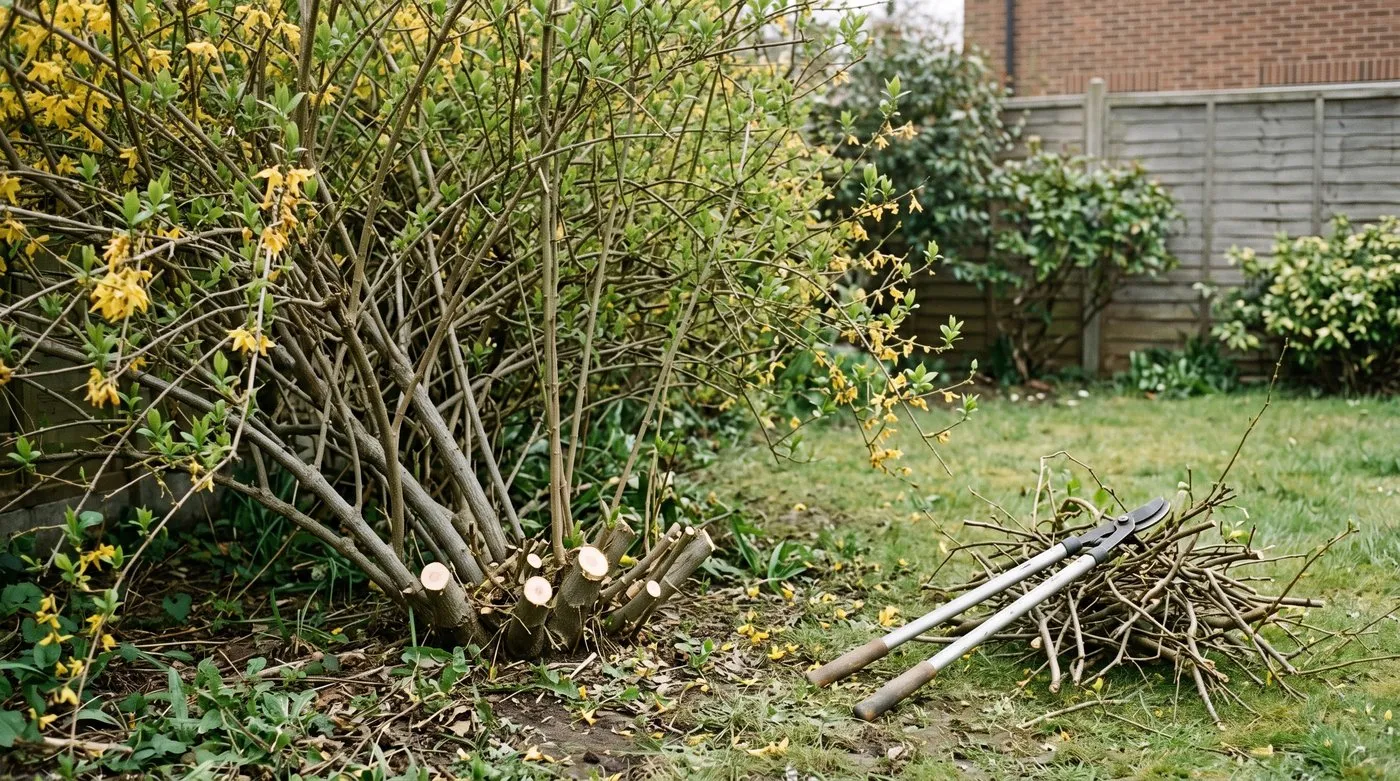 Forsythia just after flowering with a third of its oldest stems cut down to the base