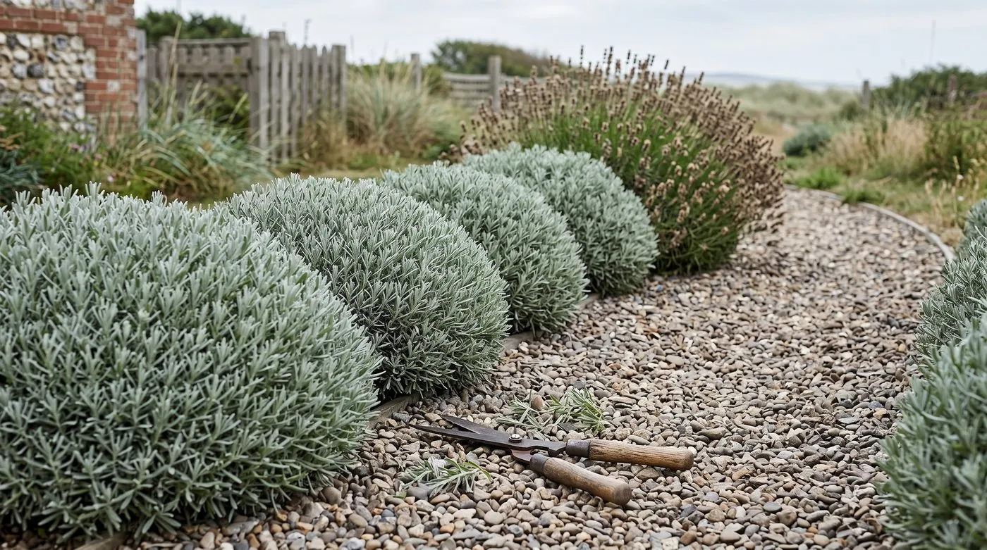 English lavender trimmed into neat domes after flowering, with green growth left on every stem