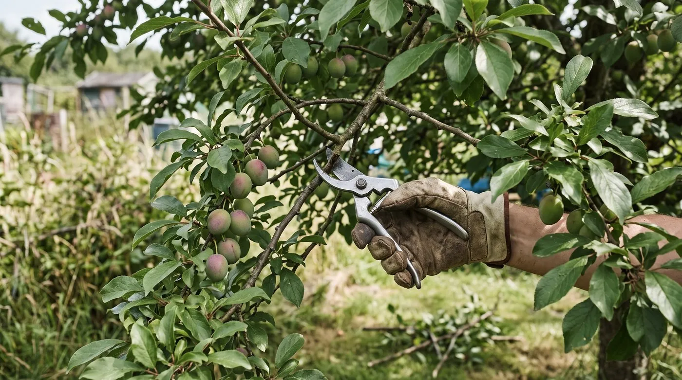 Pruning a crossing branch on a plum tree in summer while the fruit is forming