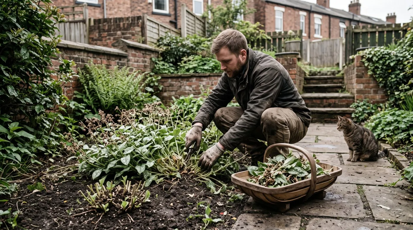 Gardener cutting pulmonaria leaves to the ground after flowering while a cat watches
