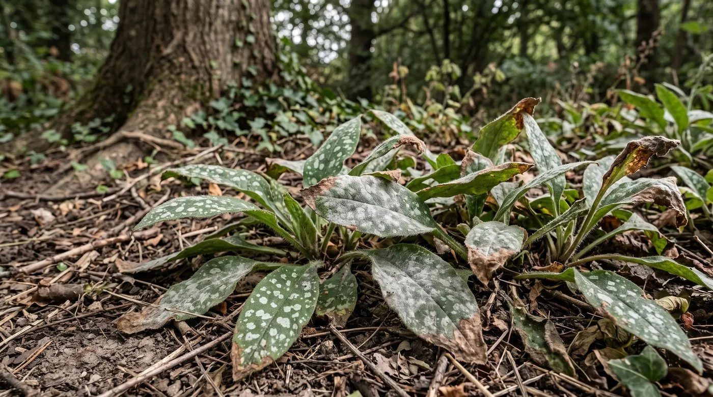 Silver-spotted pulmonaria leaves coated with white powdery mildew in late summer
